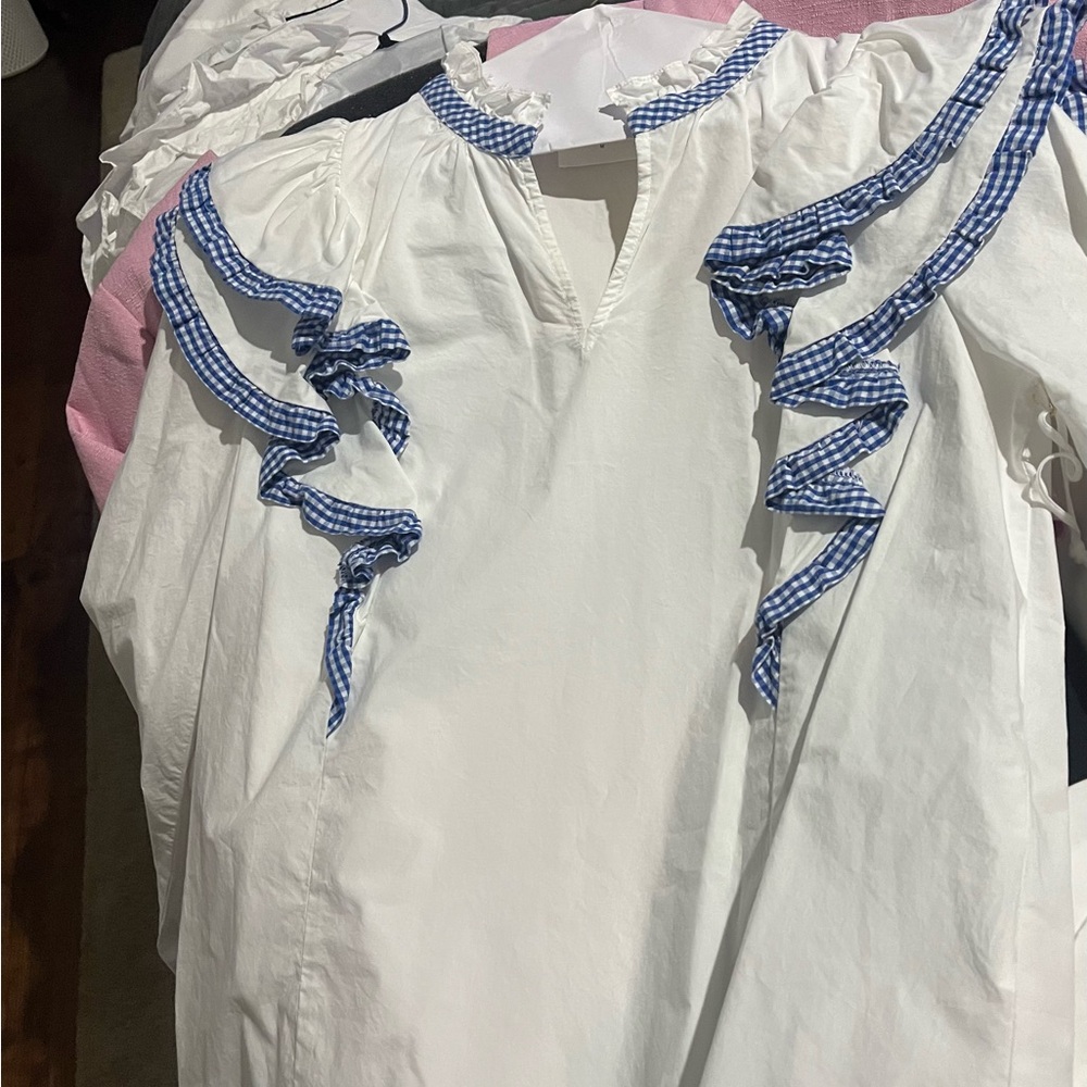 Hyacinth House Chic White Blouse with Blue Ruffle Trim - Picture 7 of 7